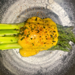 Spring poached green asparagus with holiday sauce