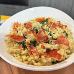 Barley and Hemp Heart Risotto with Bresaola and Prosciutto Crisps